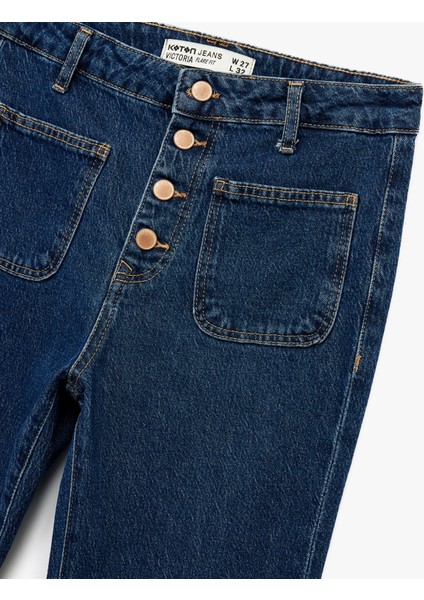 Yüksek Bel Düğmeli Dar Kesim Cep Detaylı Pamuklu Ispanyol Paça Jean Pantolon - Flare Jeans