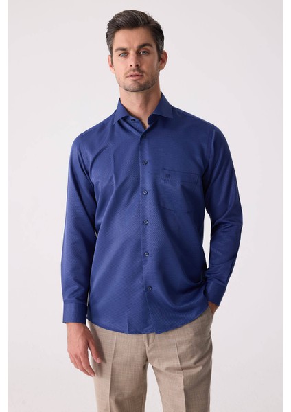Erkek Lacivert Regular Fit Uzun Kol Pamuk Gömlek