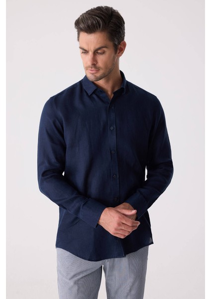 Erkek Lacivert Slim Fit Klasik Yaka Keten Gömlek modelleri
