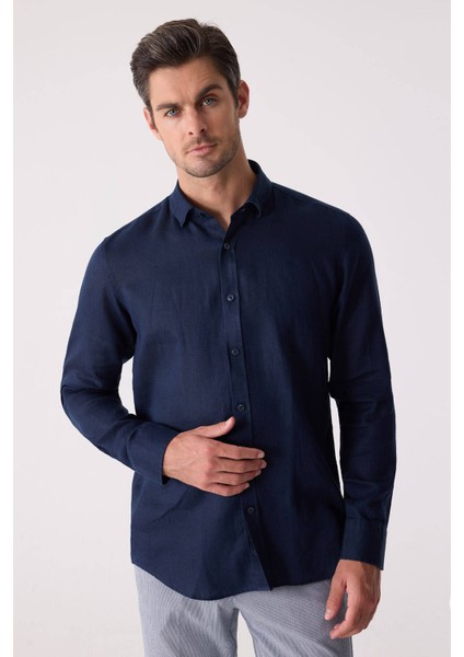 Erkek Lacivert Slim Fit Klasik Yaka Keten Gömlek fırsatları