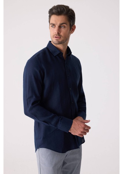 Erkek Lacivert Slim Fit Klasik Yaka Keten Gömlek indirimleri