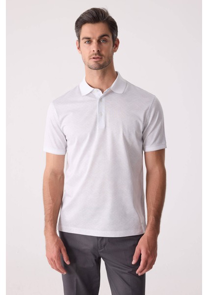 Erkek Beyaz Regular Fit Polo Yaka Desenli Merserize Tişört