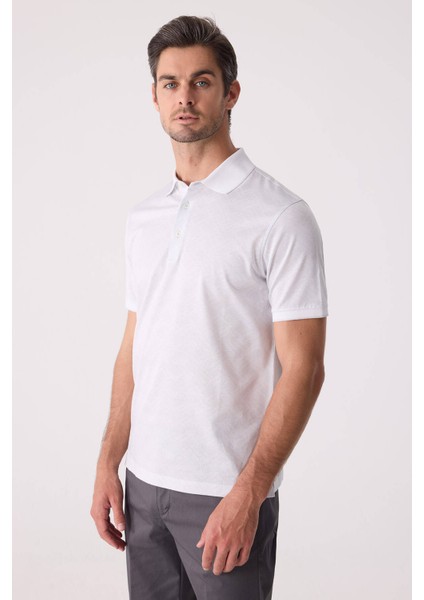 Erkek Beyaz Regular Fit Polo Yaka Desenli Merserize Tişört fiyatları