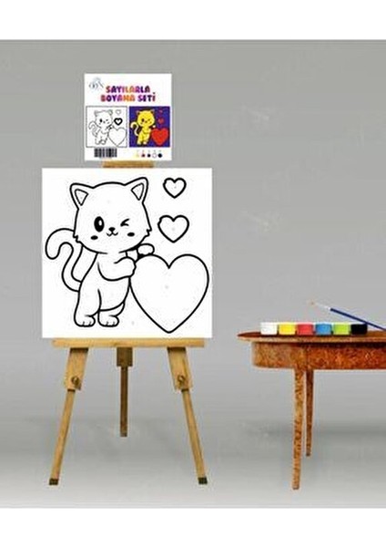 Sayılarla Boyama Seti Kalpli Kedicik 20X20 Çocuk Sayılarla Boyama Hobi Tuval