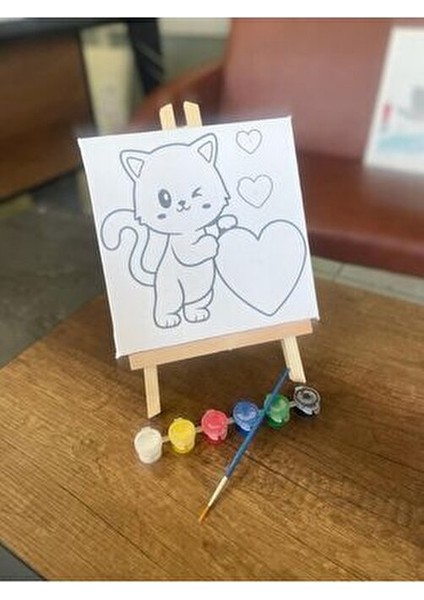 Sayılarla Boyama Seti Kalpli Kedicik 20X20 Çocuk Sayılarla Boyama Hobi Tuval