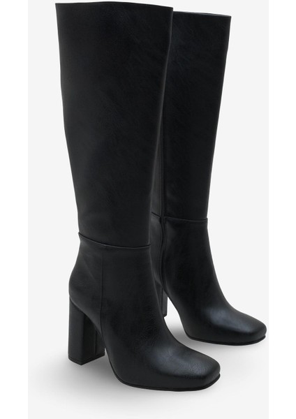 Kadın Fermuarlı Kalın Ökçe Topuklu Çizme Islor Siyah