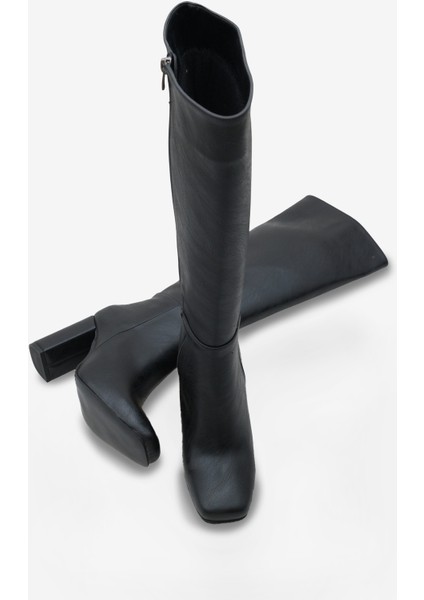 Kadın Fermuarlı Kalın Ökçe Topuklu Çizme Islor Siyah fiyatları