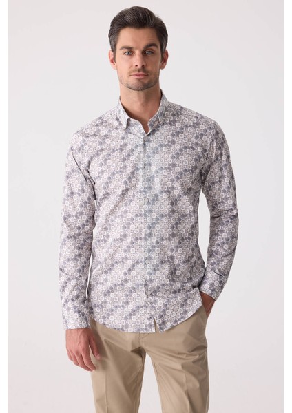 Erkek Bej Slim Fit Gizli Yaka Düğmeli Gömlek