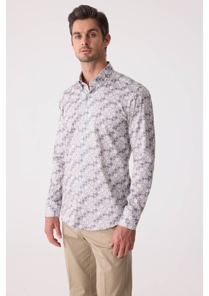 Erkek Bej Slim Fit Gizli Yaka Düğmeli Gömlek fiyatları