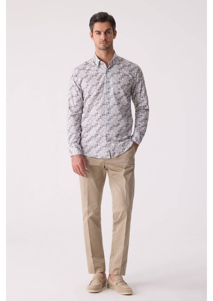 Erkek Bej Slim Fit Gizli Yaka Düğmeli Gömlek modelleri