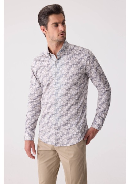 Erkek Bej Slim Fit Gizli Yaka Düğmeli Gömlek indirimleri