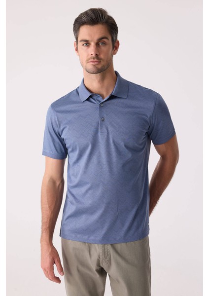 Erkek Mavi Regular Fit Desenli Merserize Polo Yaka Tişört