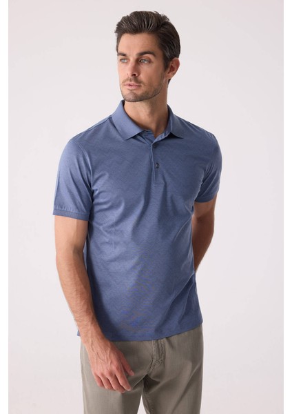 Erkek Mavi Regular Fit Desenli Merserize Polo Yaka Tişört modelleri