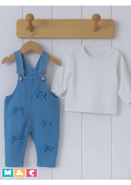 Sevimli Jean Fiyonk Detaylı Kız Bebek Bluzlu Tulum 2li Takımı