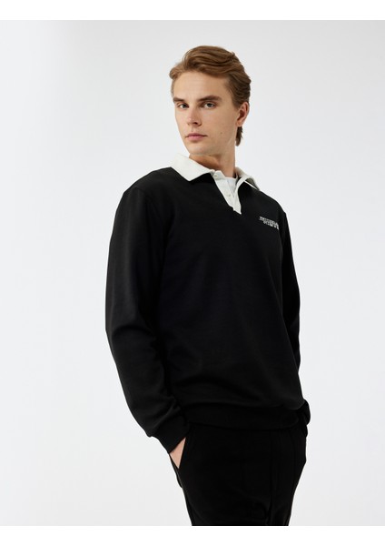Uzun Kollu Pamuklu Düğmeli Nakışlı Renk Kontrastlı Polo Yaka Sweatshirt