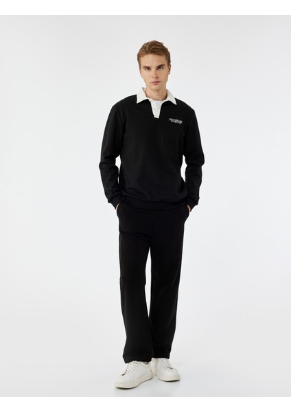 Uzun Kollu Pamuklu Düğmeli Nakışlı Renk Kontrastlı Polo Yaka Sweatshirt fiyatları