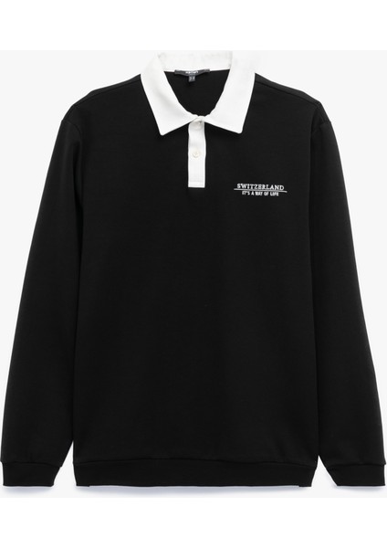 Uzun Kollu Pamuklu Düğmeli Nakışlı Renk Kontrastlı Polo Yaka Sweatshirt modelleri