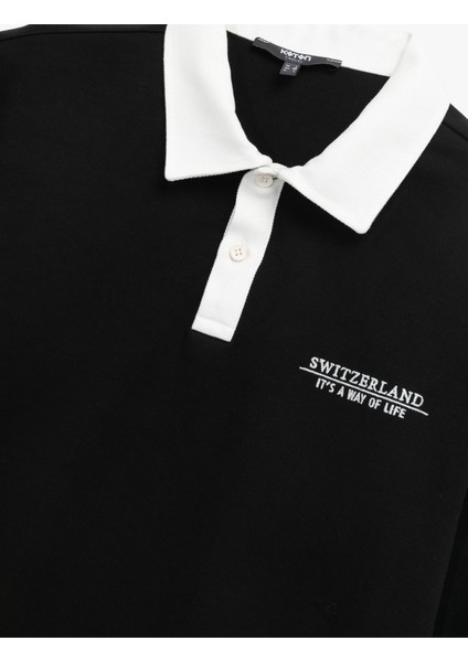 Uzun Kollu Pamuklu Düğmeli Nakışlı Renk Kontrastlı Polo Yaka Sweatshirt indirimleri