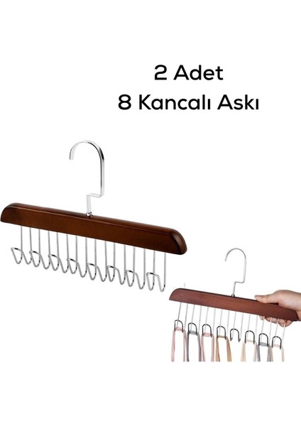 Mithra Life 2 Adet 8 Kancalı Kahverengi Ahşap Elbise Eşarp Kravat Kemer Çanta Askısı MIT1220