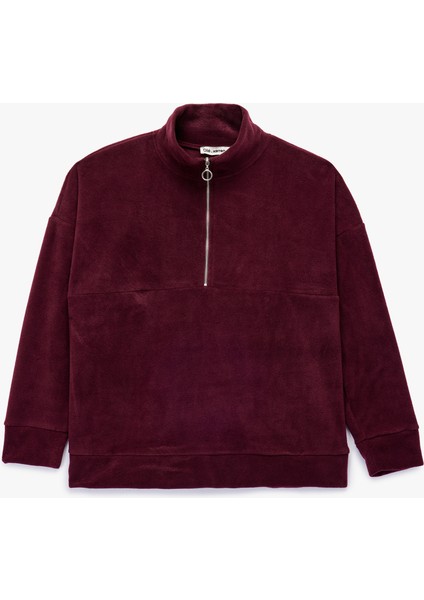 Oversize Uzun Kollu Yarım Fermuarlı Şardonlu Polar Sweatshirt