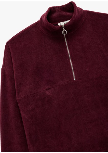 Oversize Uzun Kollu Yarım Fermuarlı Şardonlu Polar Sweatshirt modelleri