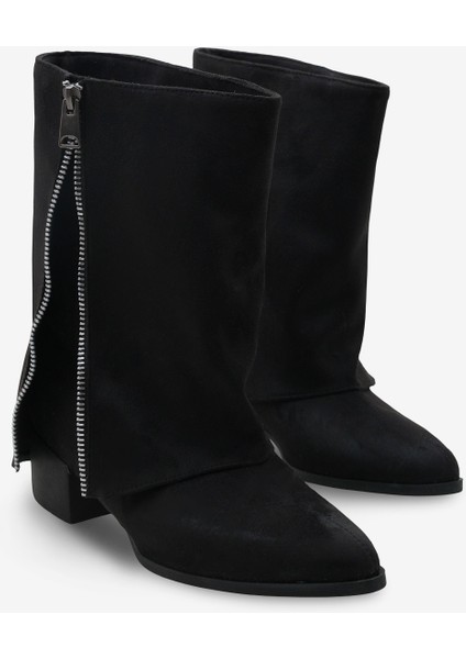 Kadın Yandan Fermuarlı Sivri Burun Günlük Bot Volara Siyah Süet