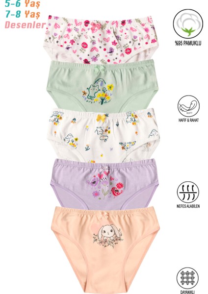 Özkan 41603 5'li Paket Kız Çocuk Karışık Renkli Desenli Pamuklu Yumuşak Slip Külot
