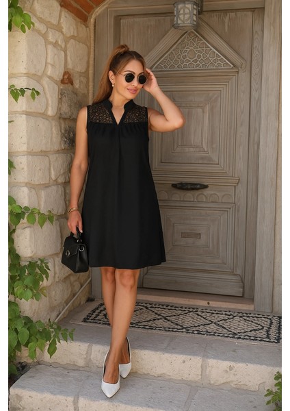 Fybutik Kadın Kolsuz V Hakim Yaka Dantelli Janjan Krep Elbise