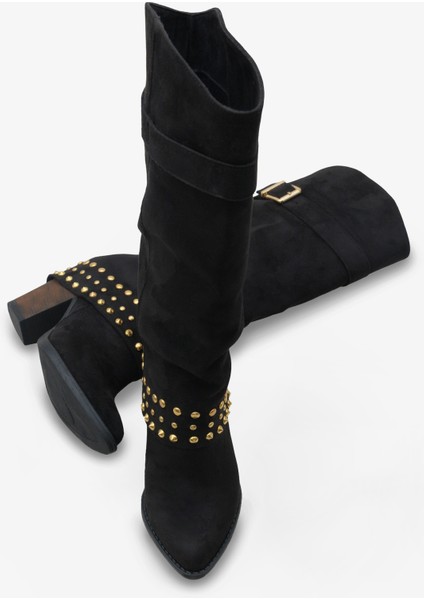 Kadın Gold Troklu Kemer Detaylı Topuklu Günlük Çizme Oslos Siyah Süet fiyatları