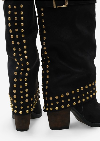 Kadın Gold Troklu Kemer Detaylı Topuklu Günlük Çizme Oslos Siyah Süet modelleri