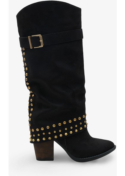 Kadın Gold Troklu Kemer Detaylı Topuklu Günlük Çizme Oslos Siyah Süet fırsatları