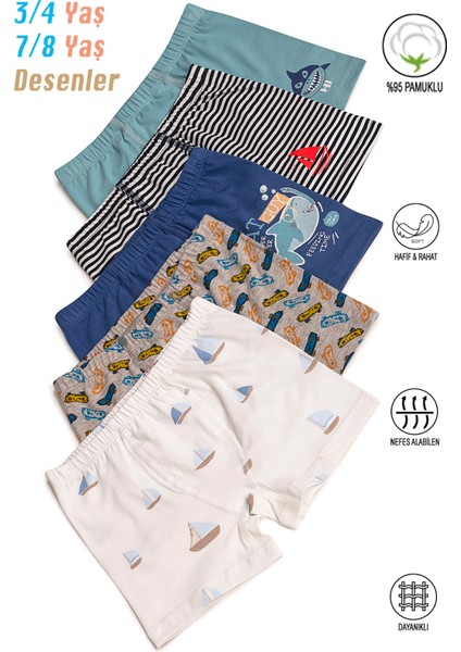 Özkan 31802 5'li Paket Erkek Çocuk Karışık Renkli Desenli Pamuklu Yumuşak Rahat Şort Boxer