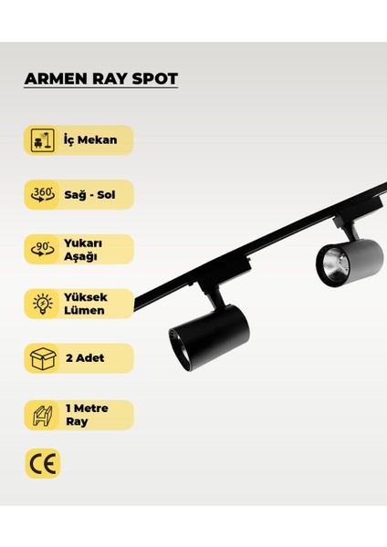 Armen 2 Adet Siyah Kasa Günışığı Ray Spot Set ve 1 Metre Ray Set