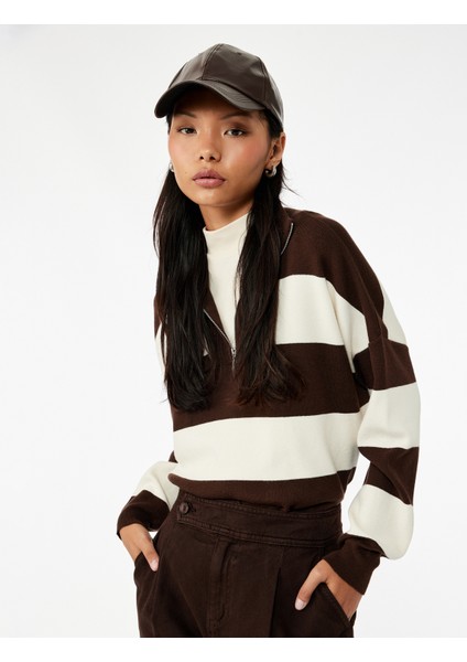 Viskon Karışımlı Renk Bloklu Uzun Kollu Yarım Fermuarlı Triko Kazak