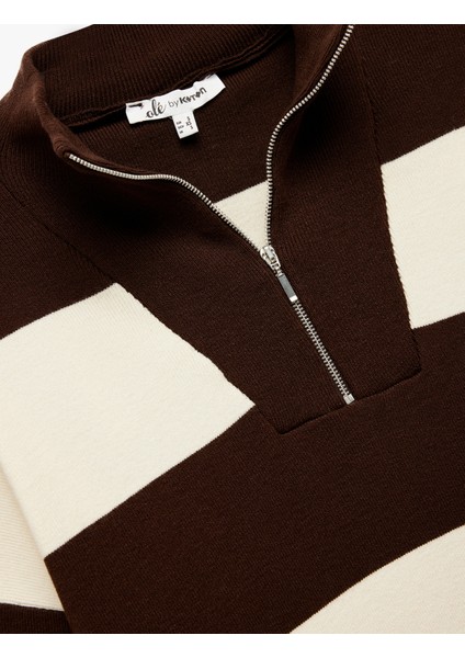 Viskon Karışımlı Renk Bloklu Uzun Kollu Yarım Fermuarlı Triko Kazak modelleri