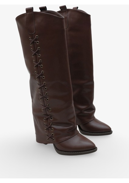 Kadın Bağcık Detaylı Sivri Burun Günlük Çizme Holdes Kahve