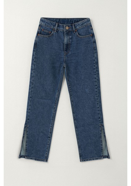 Kadın Yüksek Bel Geniş Kesim Paça Detaylı Jean Pantolon