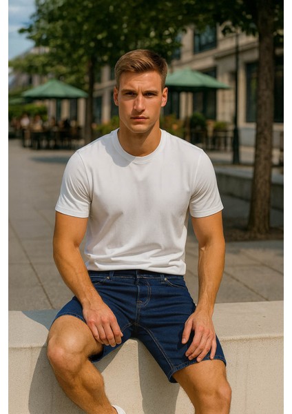 Erkek Regular Fit Rahat Kalıp Koyu Mavi Jean Şort