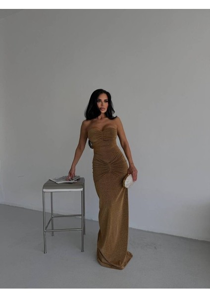 Straplez Simli Uzun Elbise L-