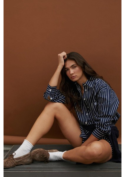 Çizgili Oversize Poplin Gömlek Lacivert