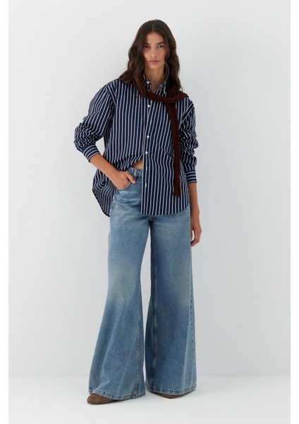 Çizgili Oversize Poplin Gömlek Lacivert fiyatları