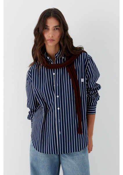 Çizgili Oversize Poplin Gömlek Lacivert modelleri