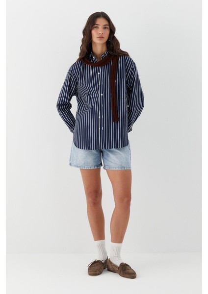 Çizgili Oversize Poplin Gömlek Lacivert fırsatları