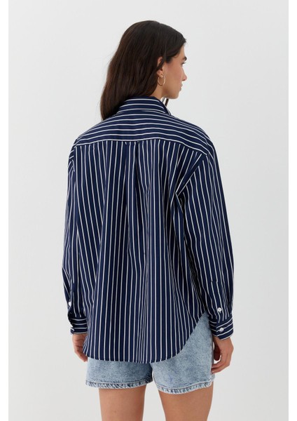 Çizgili Oversize Poplin Gömlek Lacivert indirimleri