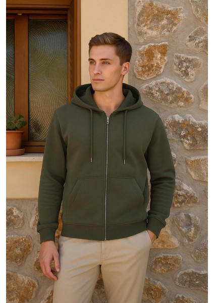 Erkek Fermuarlı Kapüşonlu Cepli Sweatshirt