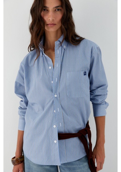 Çizgili Oversize Poplin Gömlek Mavi