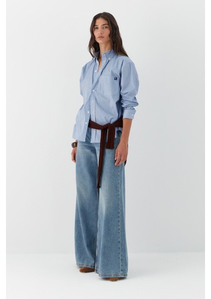 Çizgili Oversize Poplin Gömlek Mavi modelleri