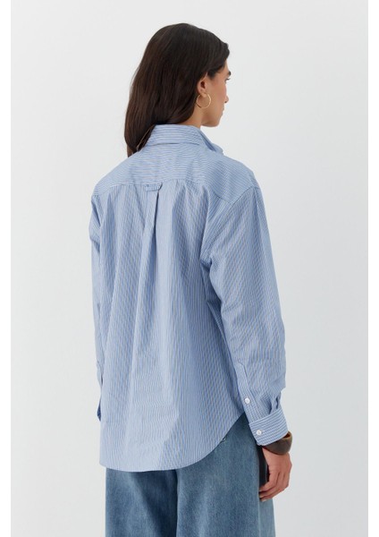 Çizgili Oversize Poplin Gömlek Mavi fırsatları