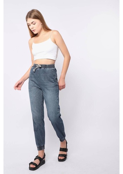 Kadın Lastikli Jogger Pantolon Mavi modelleri