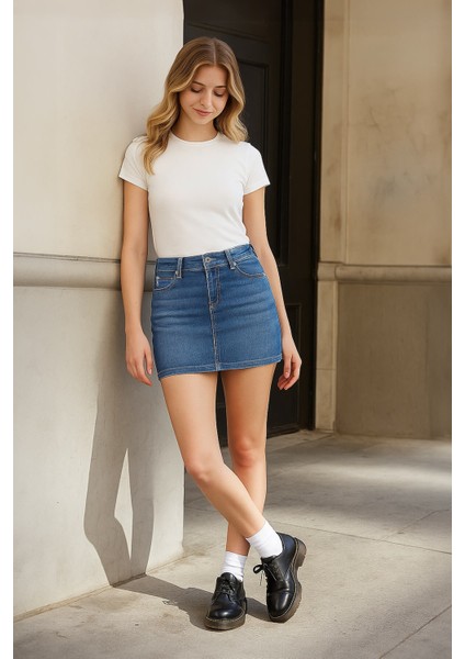 Kadın Jean Kısa Etek Açık Mavi
